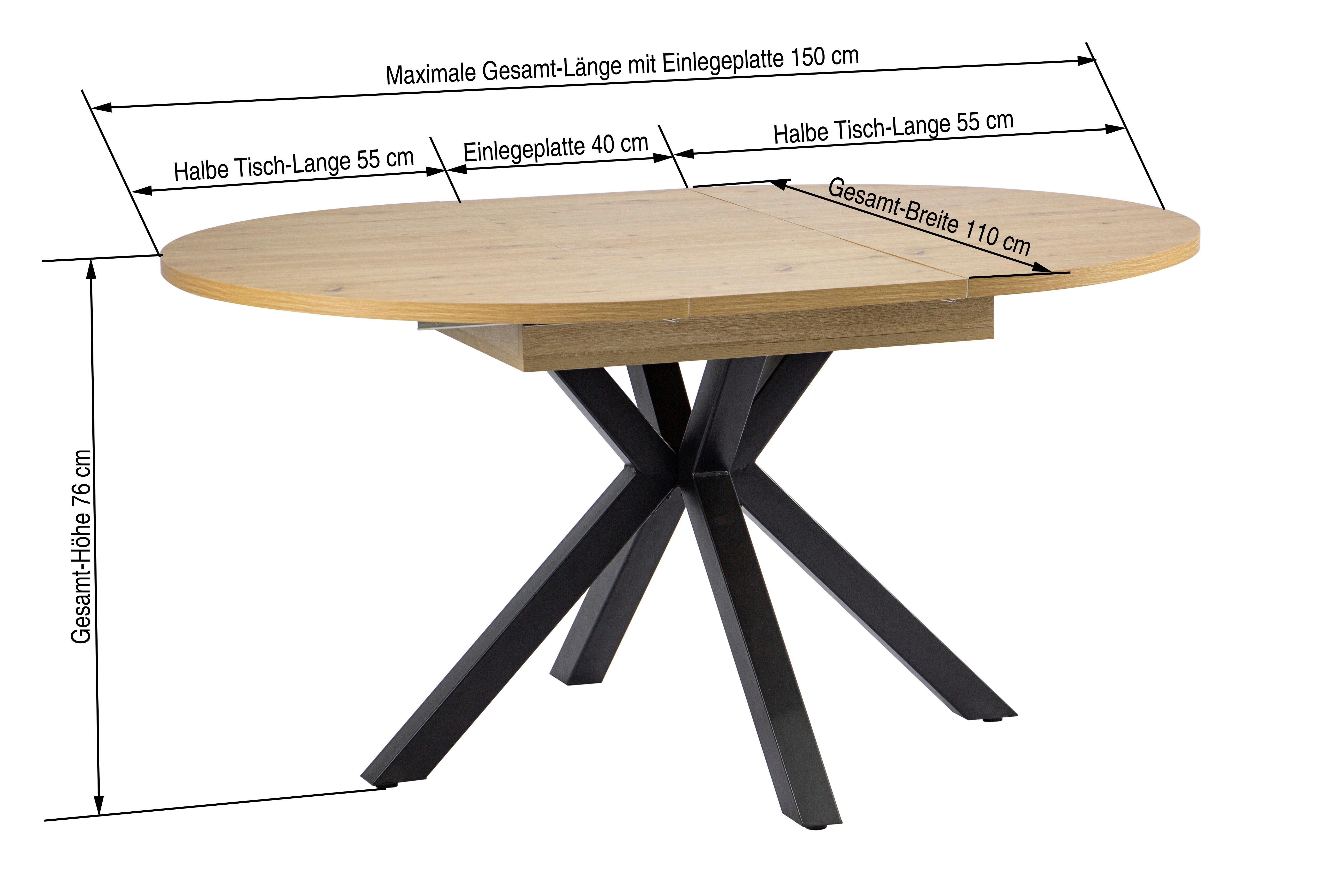 Ausziehtisch Bozan 110 Az 110-150x76x110cm Eiche - Schwarz/Eiche Artisan, KONVENTIONELL, Holzwerkstoff/Metall (110-150/76/110cm) - MID.YOU