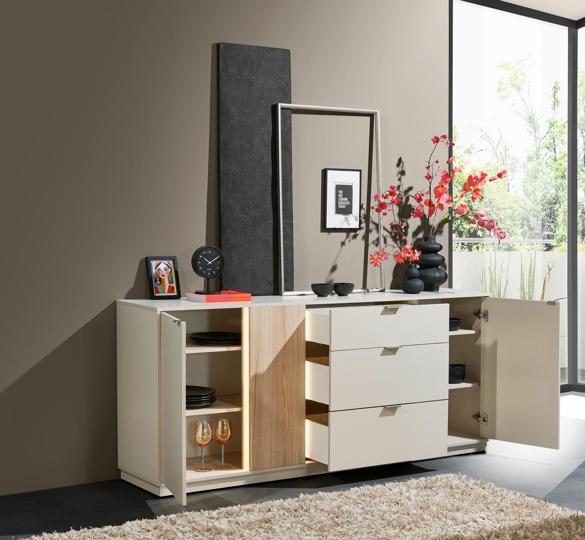 Sideboard Alex Kaschmir, B: 193cm - Kaschmir/Schwarz, Design, Holzwerkstoff (193/83/40cm) - MID.YOU