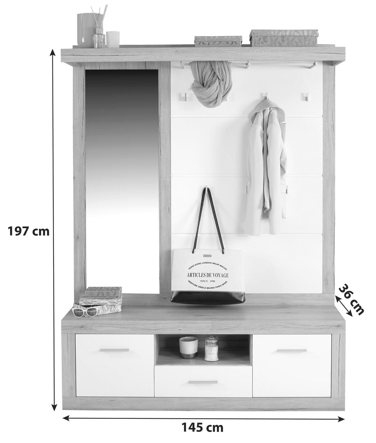 Predsieňový nábytok MALTA - biela/farba duba, Modern, kompozitné drevo (145/197/36cm)