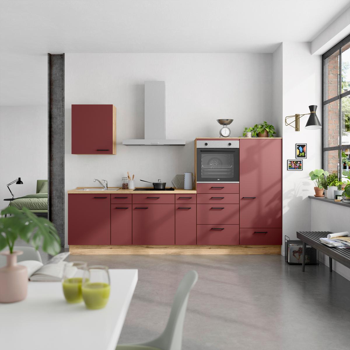 Küchenleerblock Easytouch Low-Line, L4 Rechts - Eichefarben/Rot, MODERN, Holzwerkstoff (300cm) - Nobilia