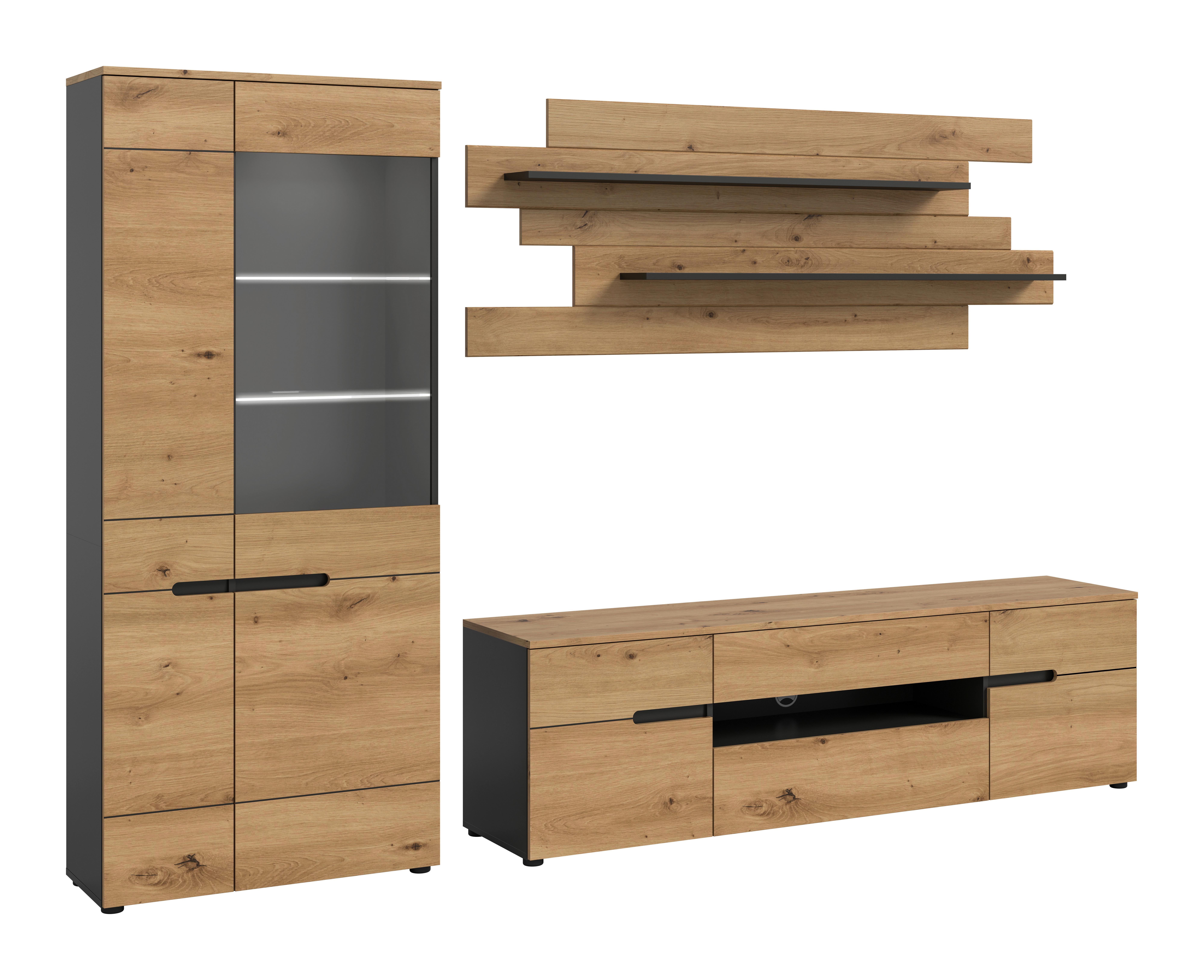 Wohnwand Canu Eiche Artisan Dekor B: 280cm - Schwarz/Eiche Artisan, Design, Holzwerkstoff (280/190/44cm) - Livetastic