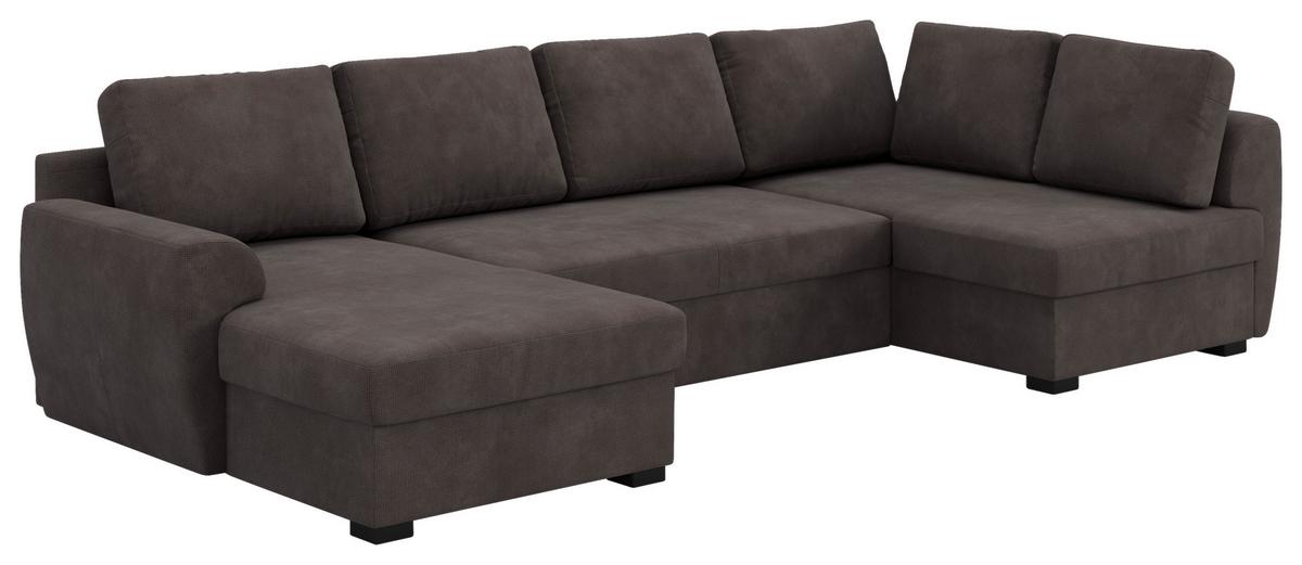 Wohnlandschaft m. Bettfunktion Mirkrofaser braun, B: 327cm - Schwarz/Braun, Trend, Textil (154/327/86cm) - MID.YOU