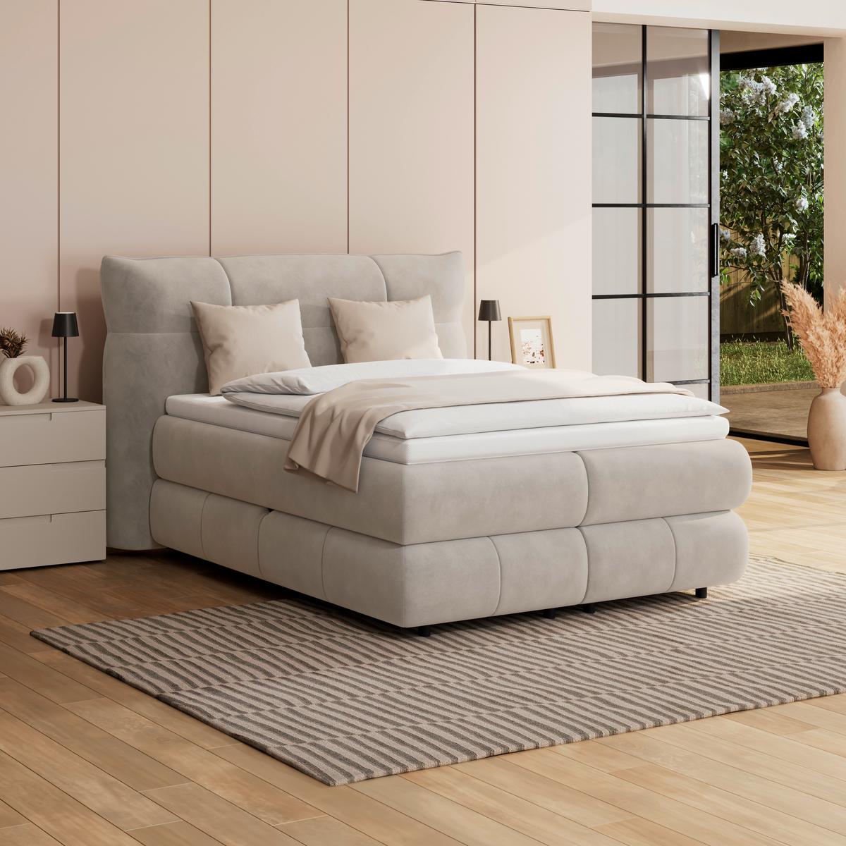 Boxspringbett Carmelo Beige 140x200 cm H2 - Beige/Schwarz, Trend, Textil (140/200cm)