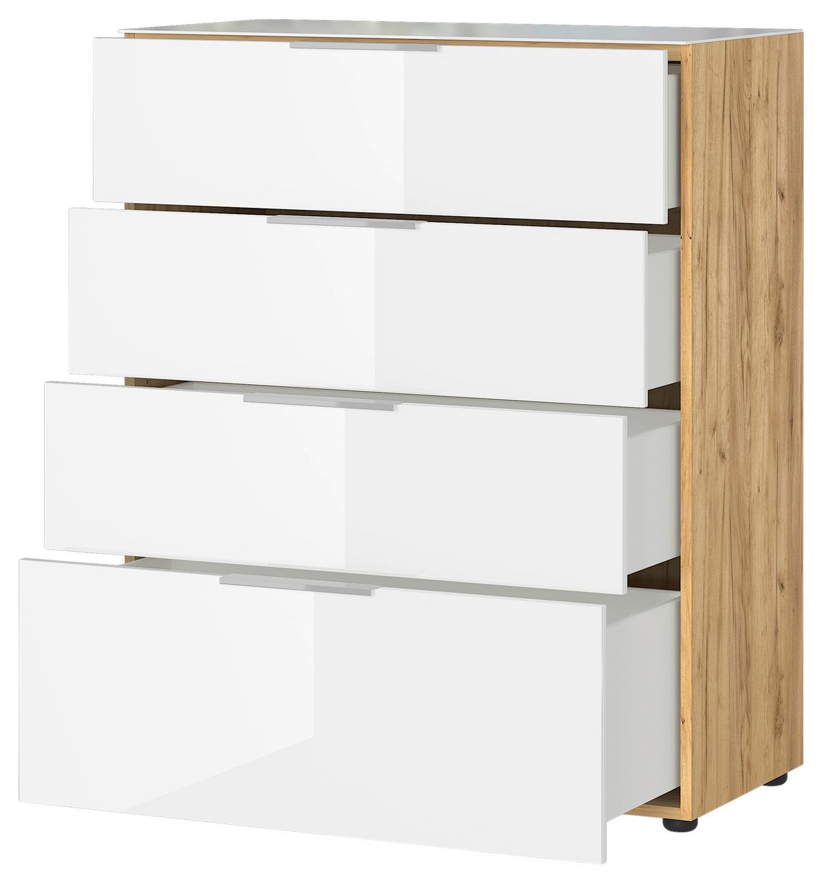 Kommode mit Glasfront B: 83 cm GW-Oakland, Weiß/Eiche Dekor - Eichefarben/Schwarz, KONVENTIONELL, Glas/Holzwerkstoff (83/101/42cm) - Germania