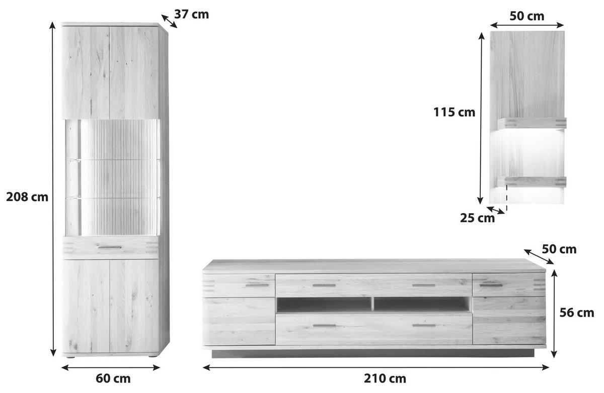 Wohnkombination teilmassiv 3 --teilig. Salvador Anthrazit/Eiche - Eichefarben/Anthrazit, Design, Glas/Holz (300/208/50cm) - Livetastic
