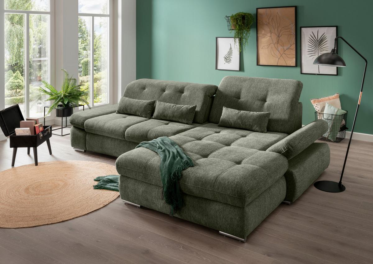 Ecksofa Mit Liegefunktion Dalida Dunkelgrün,s:300x196 Cm - Chromfarben/Dunkelgrün, Design, Textil (300/196cm) - Livetastic