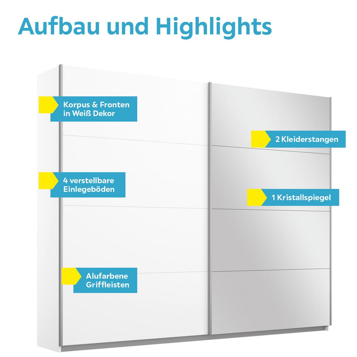 Schwebetürenschrank M. Spiegel 226cm Belluno, Weiß Dekor - Weiß, MODERN, Holzwerkstoff (226/230/62cm) - Rauch Möbel