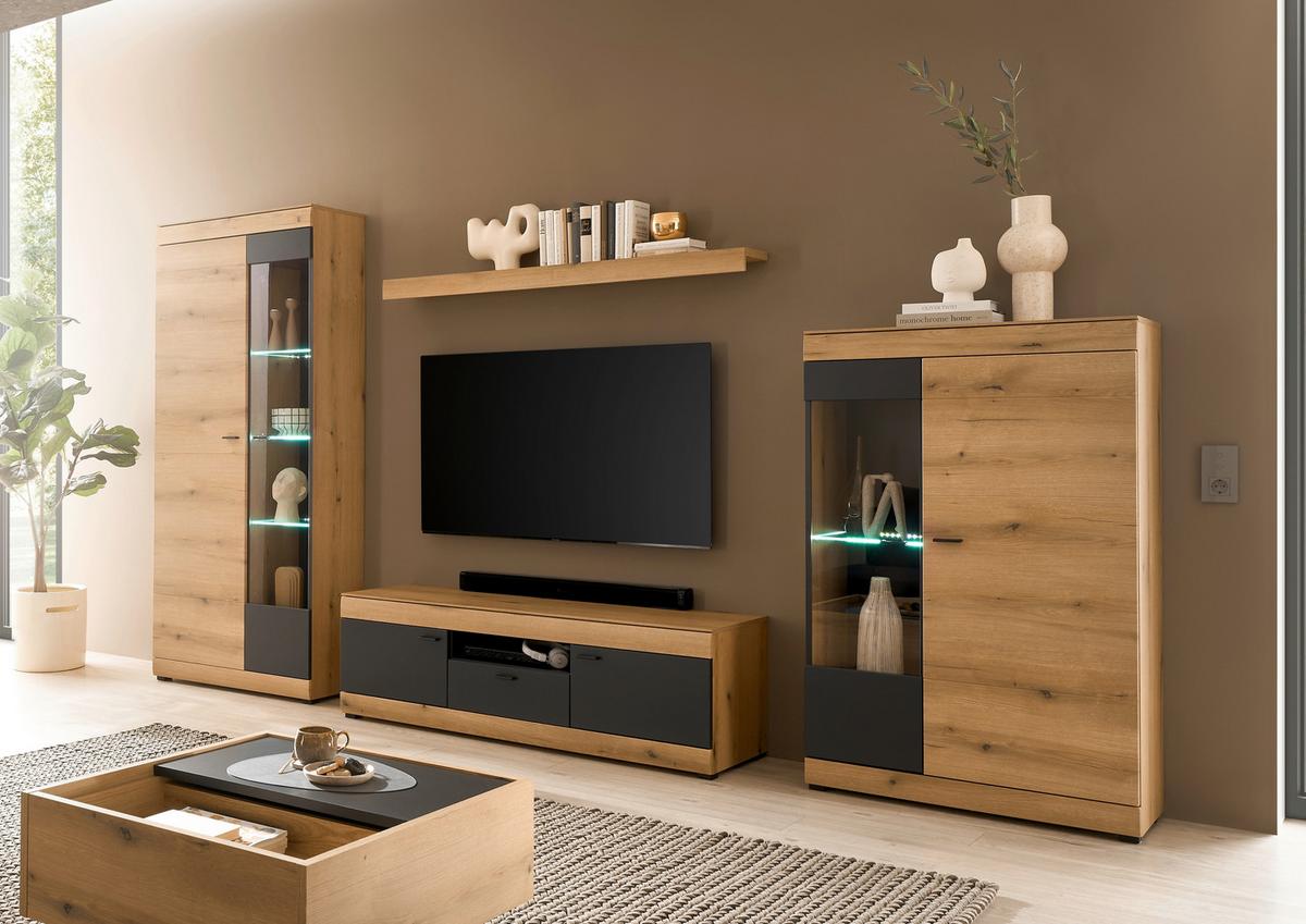 Wohnwand Soleto Graphit/Eichefarben B: 350cm - Eichefarben/Schwarz, Design, Glas/Holzwerkstoff (350/201/45cm) - MID.YOU