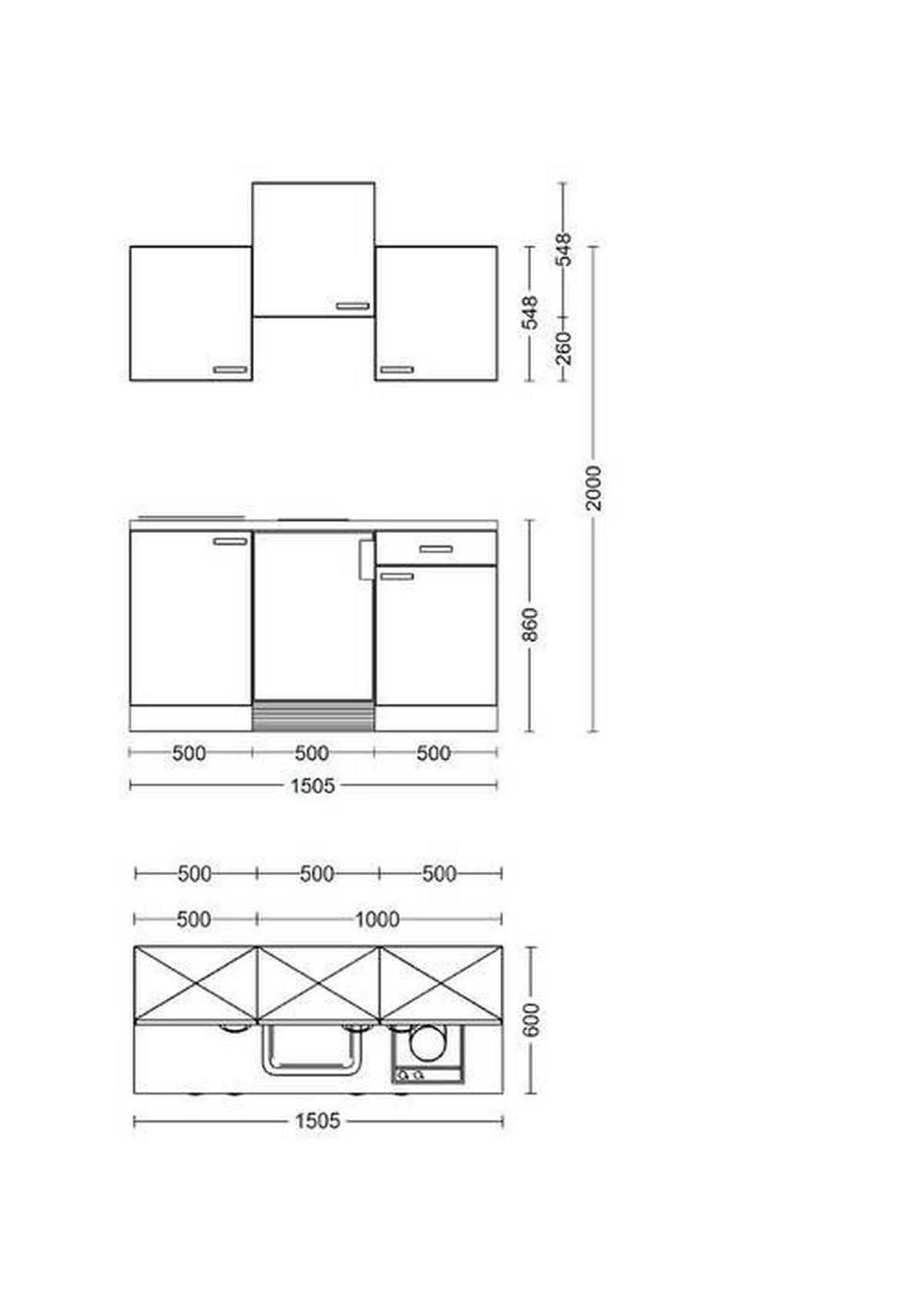 Miniküche Valero Sonoma Eiche/weiß B: 150,5 Cm - Weiß Hochglanz/Sonoma Eiche, Basics, Holzwerkstoff (150,5cm) - FlexWell