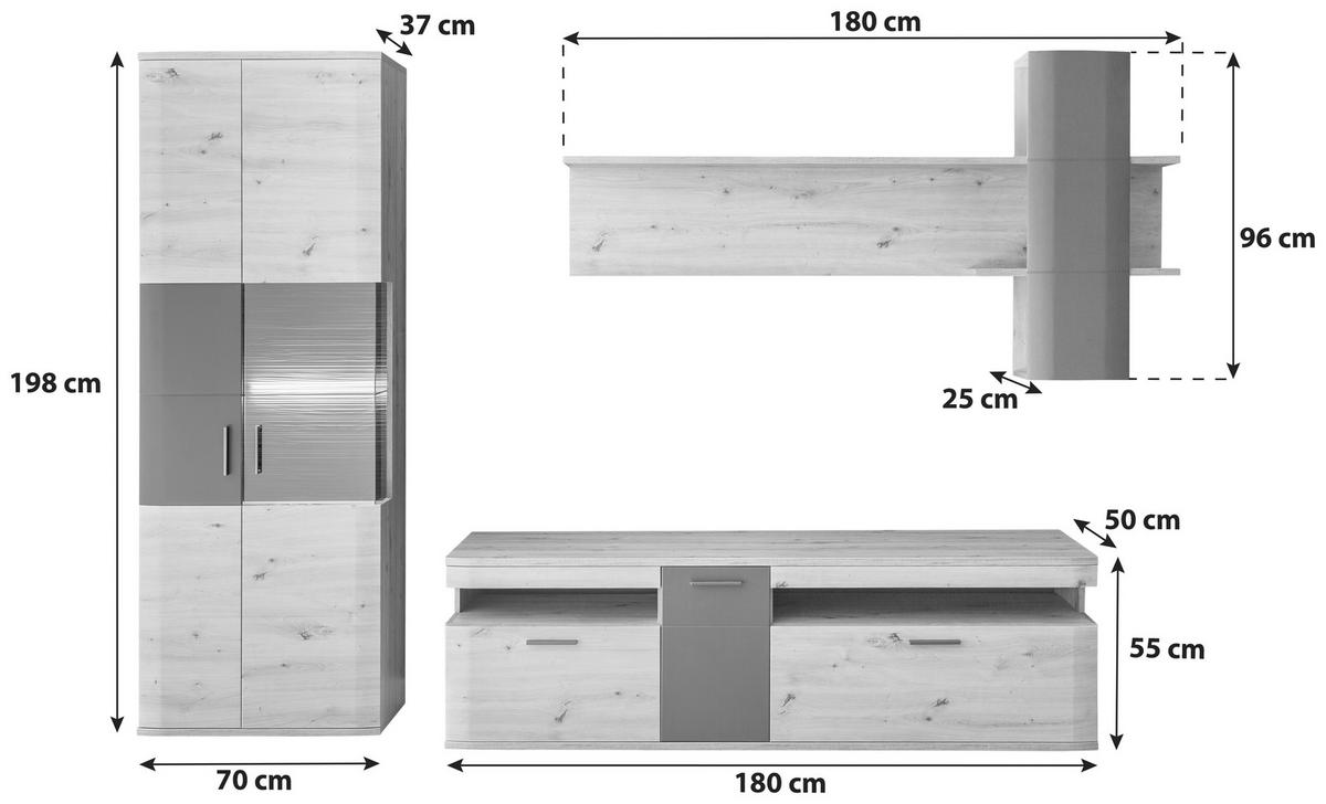 Wohnkombination 3-Tlg. Cortona Anthrazit/Eichefarben - Klar/Eichefarben, Design, Glas/Holzwerkstoff (290/198/50cm) - Livetastic