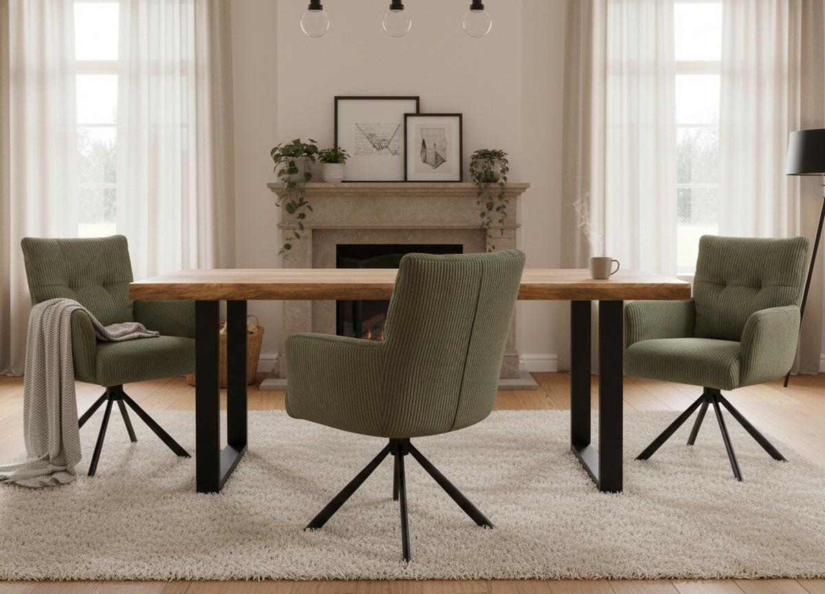 Armlehnstuhl Leni Cord Grün Sitzfl. 180° drehbar, B: 60cm - Schwarz/Grün, KONVENTIONELL, Textil/Metall (60/95/67cm) - MID.YOU