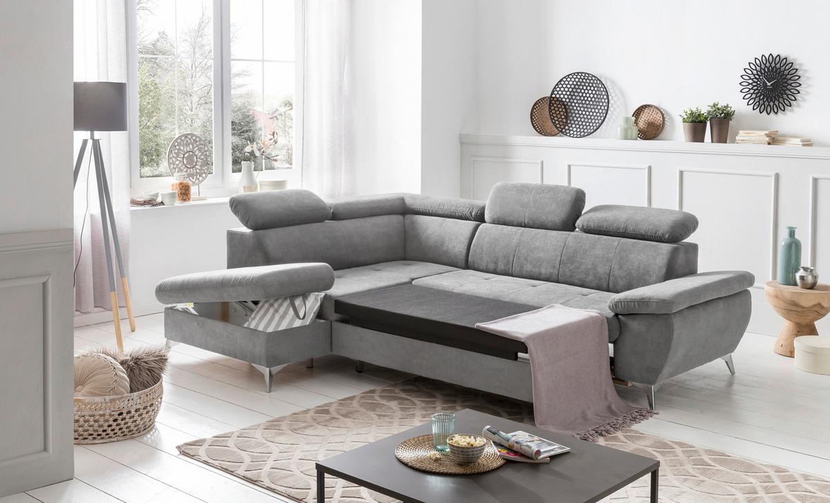 Ecksofa Mit Schlaffunktion Und Bettkasten Gisele Grau - Chromfarben/Hellgrau, KONVENTIONELL, Textil (209/256cm) - Livetastic