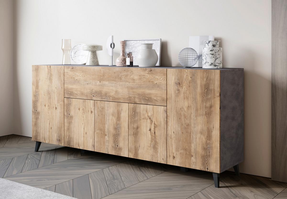 Sideboard Phuket 180 Anthrazit, Kastanie B: 180 Cm - Kastanieneichefarben/Anthrazit, Design, Holzwerkstoff (180/76/37,5cm) - Livetastic