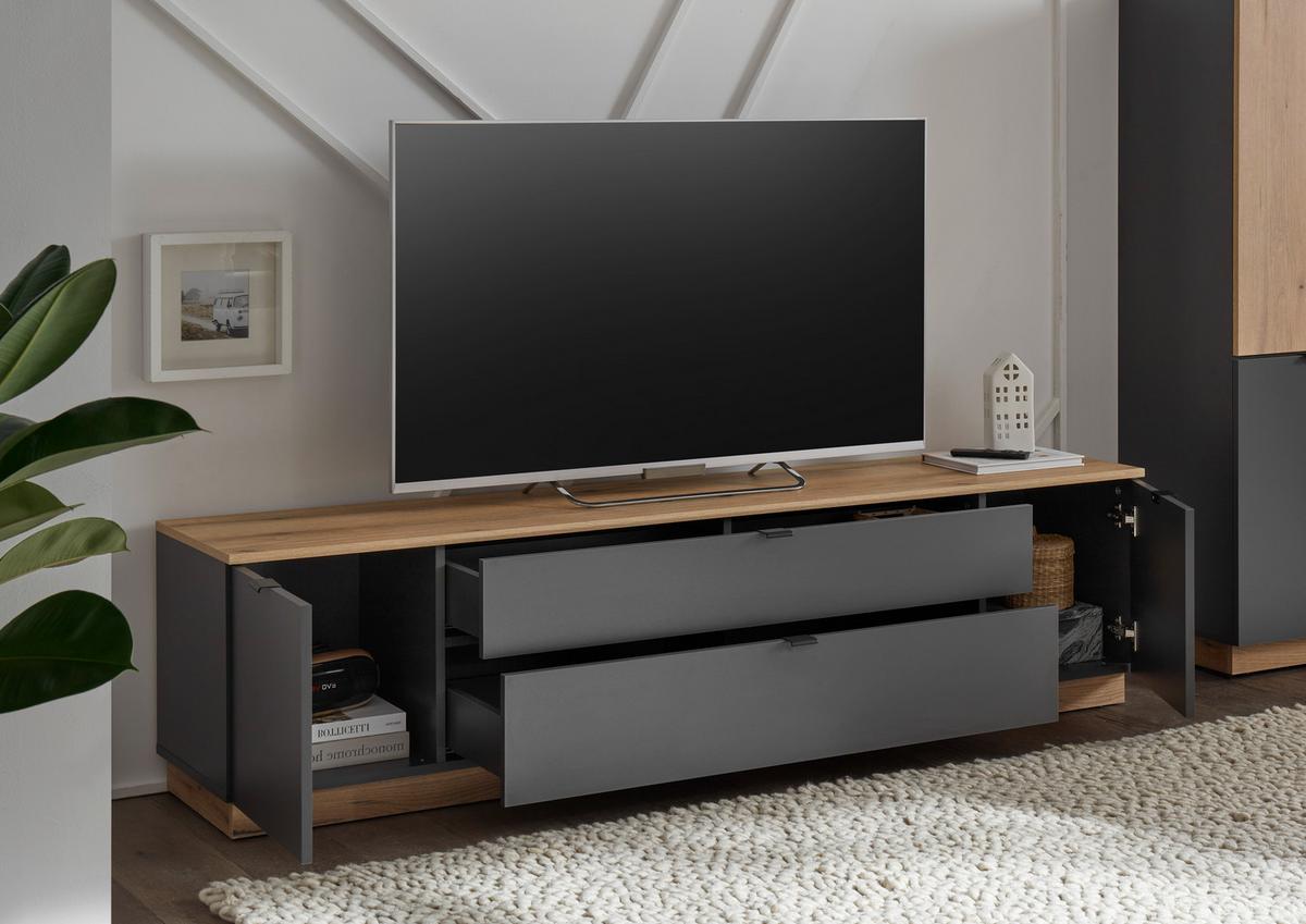 TV-Lowboard Vince II B: 185 cm Anthrazit/Evoke Oak Dekor - Eichefarben/Anthrazit, Trend, Holzwerkstoff (185/47/38cm) - Livetastic