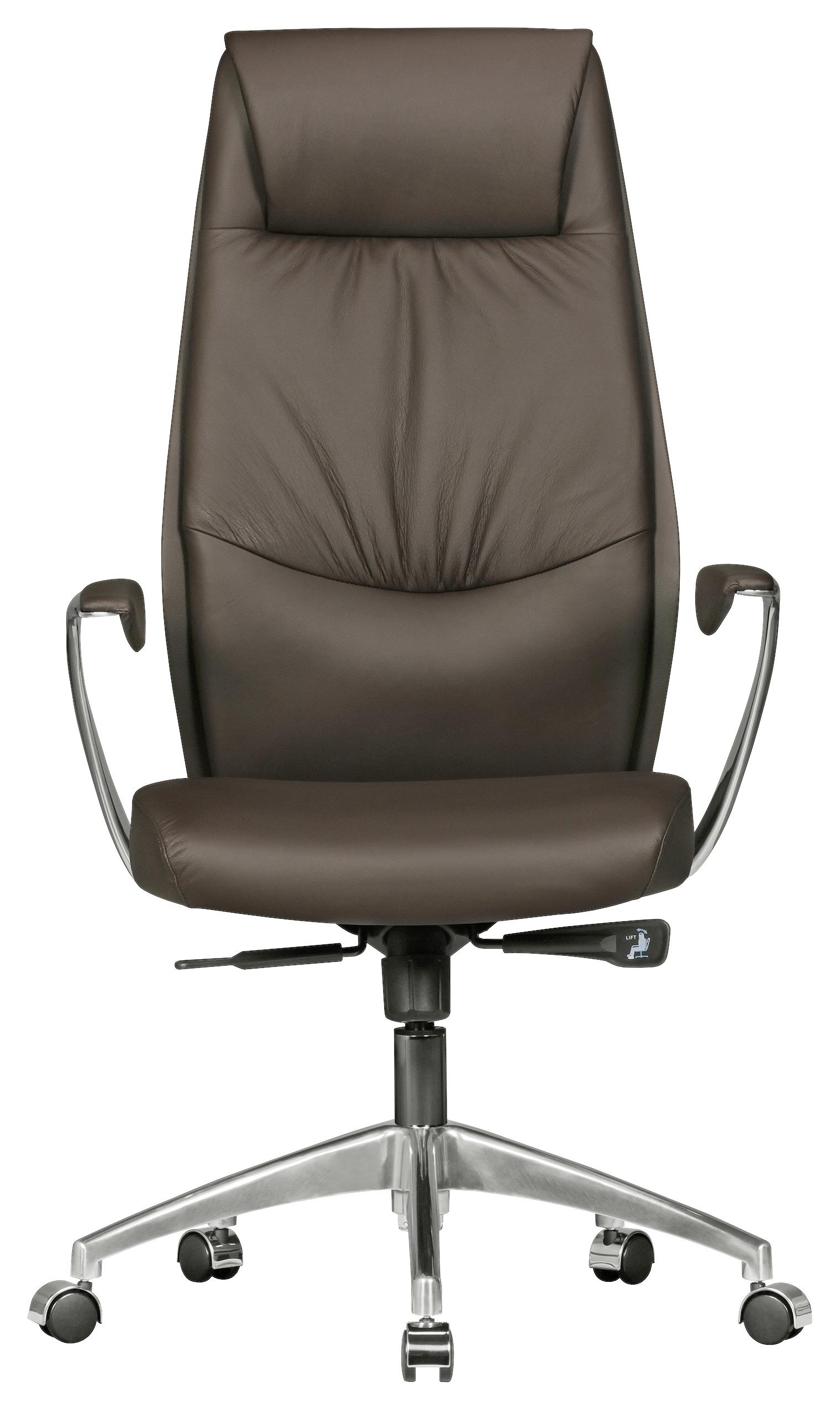 Chefsessel Oxford Echtleder mit Armstützen + Wippfunktion - Silberfarben/Braun, MODERN, Kunststoff/Metall (67/117/58cm) - MID.YOU