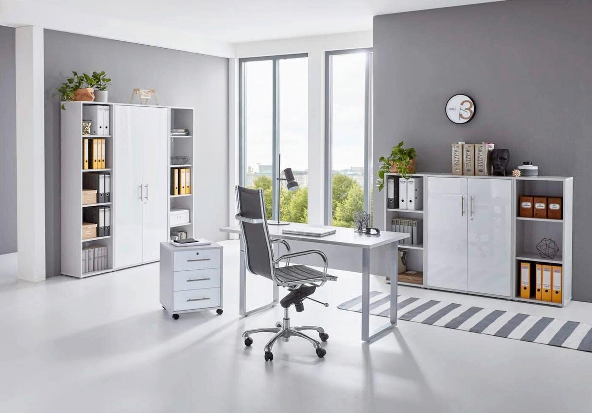 Büro Office Edition Grau/weiß Hochglanz - Weiß Hochglanz/Grau, MODERN, Holzwerkstoff/Metall - MID.YOU