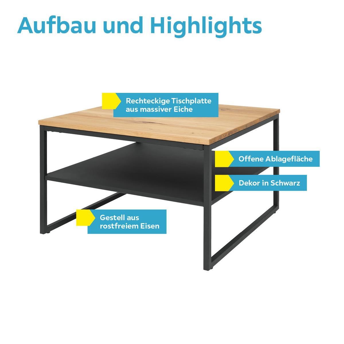 Couchtisch Mit Ablage Vermont 1, Eiche Massiv/schwarz - Schwarz/Naturfarben, MODERN, Holz/Holzwerkstoff (70/44/70cm)