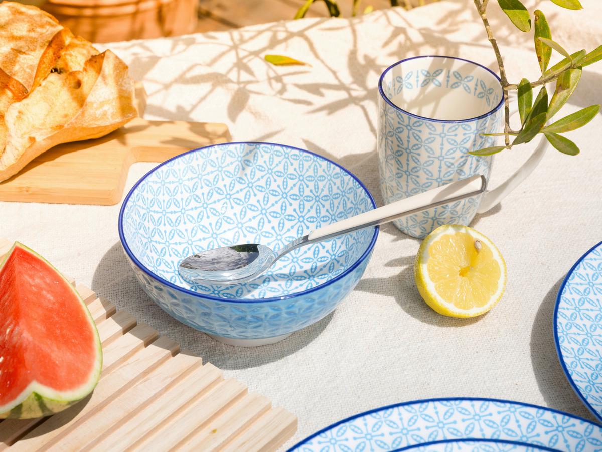 Kombiservice, 16-Teilig für 4 Personen, Steinzeug - Weiß/Hellblau, Basics, Keramik - Creatable
