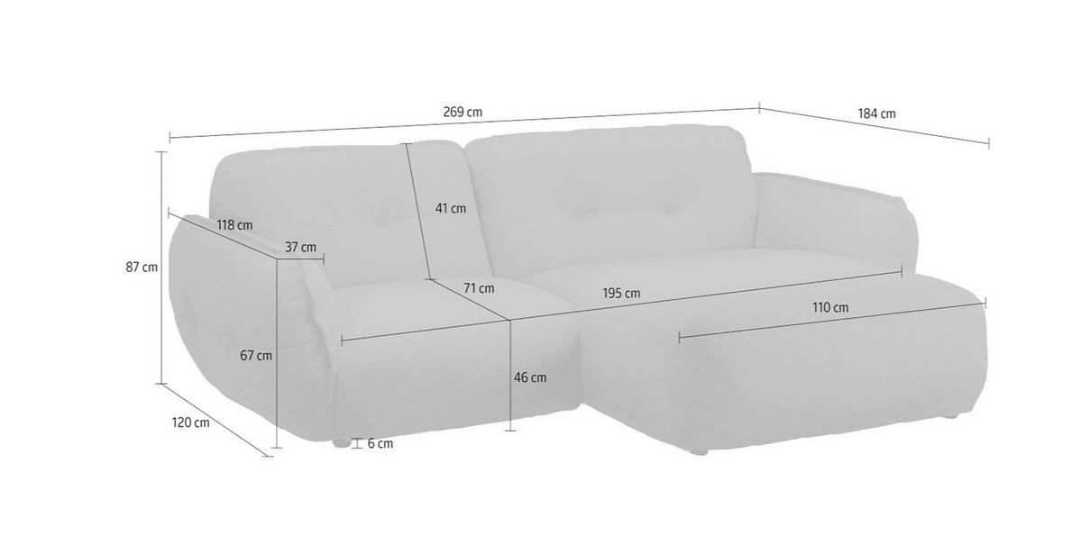 Ecksofa Fluffy, Creme S: 269x184 Cm - Creme/Schwarz, MODERN, Textil (269/184cm) - Trendmanufaktur