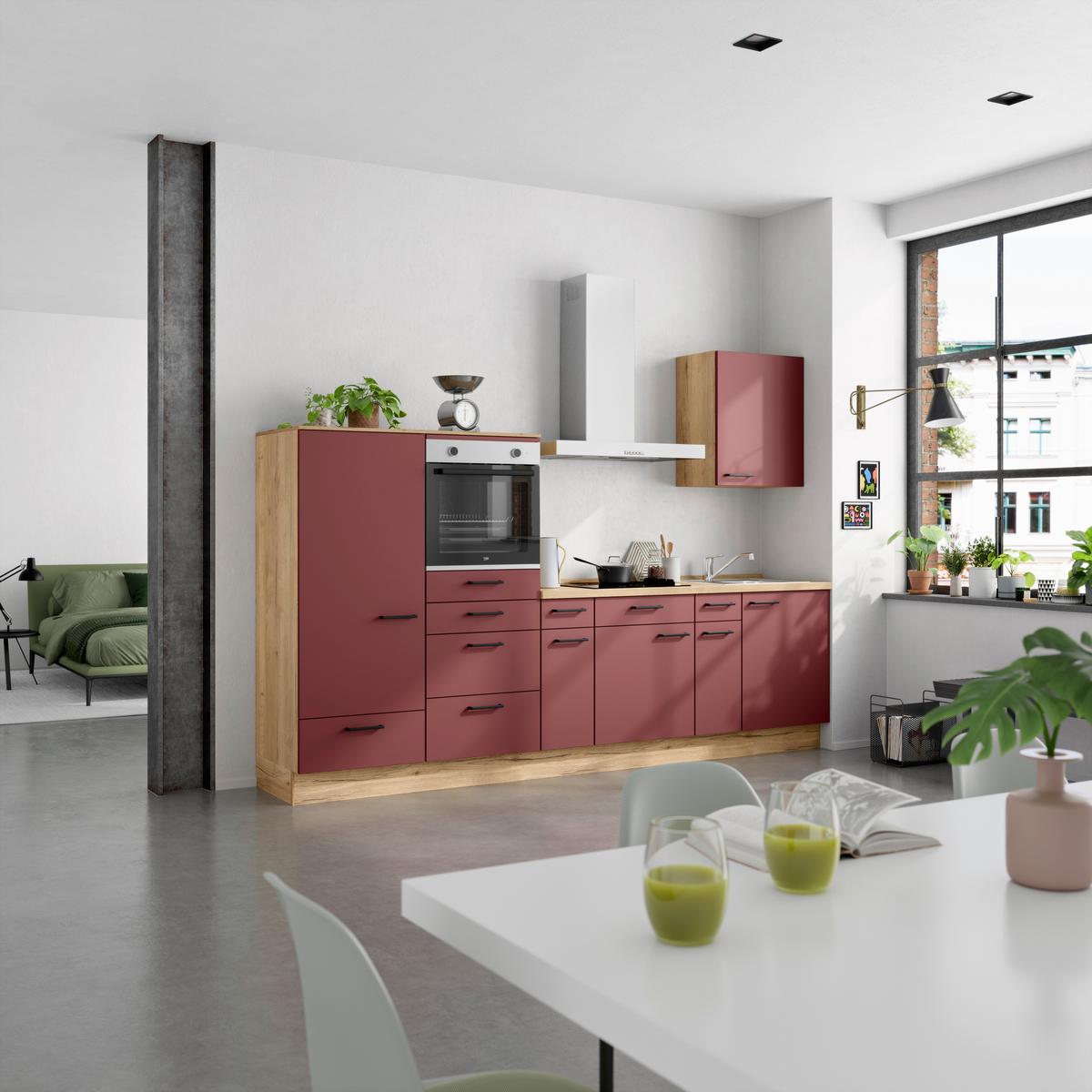 Küchenleerblock Easytouch Low-Line, L4 Links - Eichefarben/Rot, MODERN, Holzwerkstoff (300cm) - Nobilia