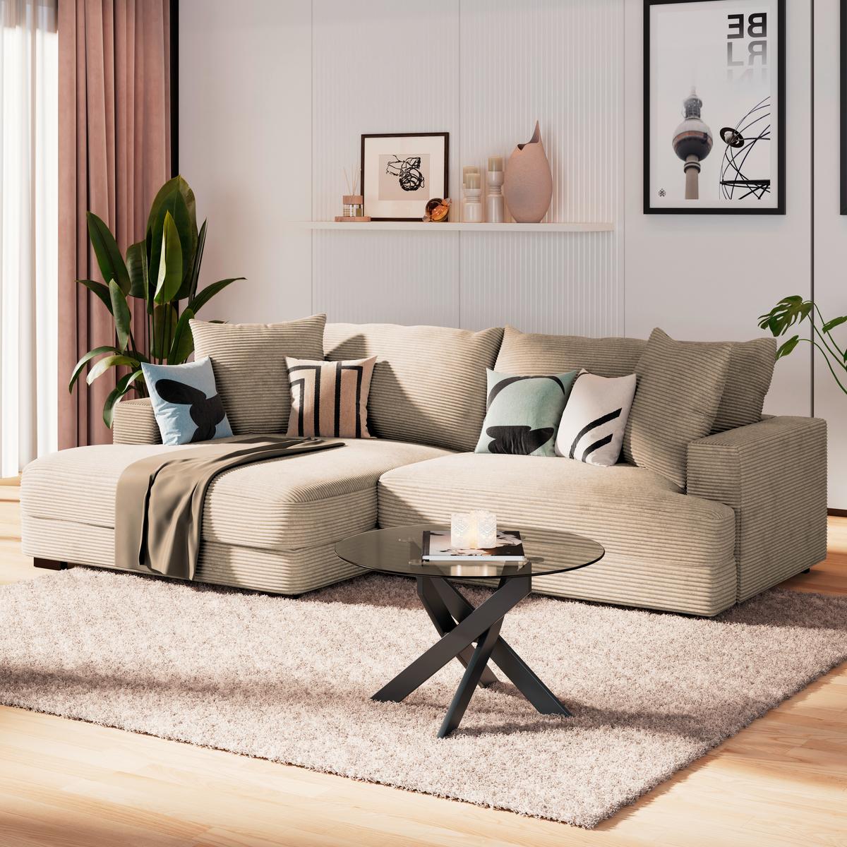 Ecksofa Pelle m. Kissen creme Cord 180x265cm - Creme/Schwarz, MODERN, Textil (180/265cm)