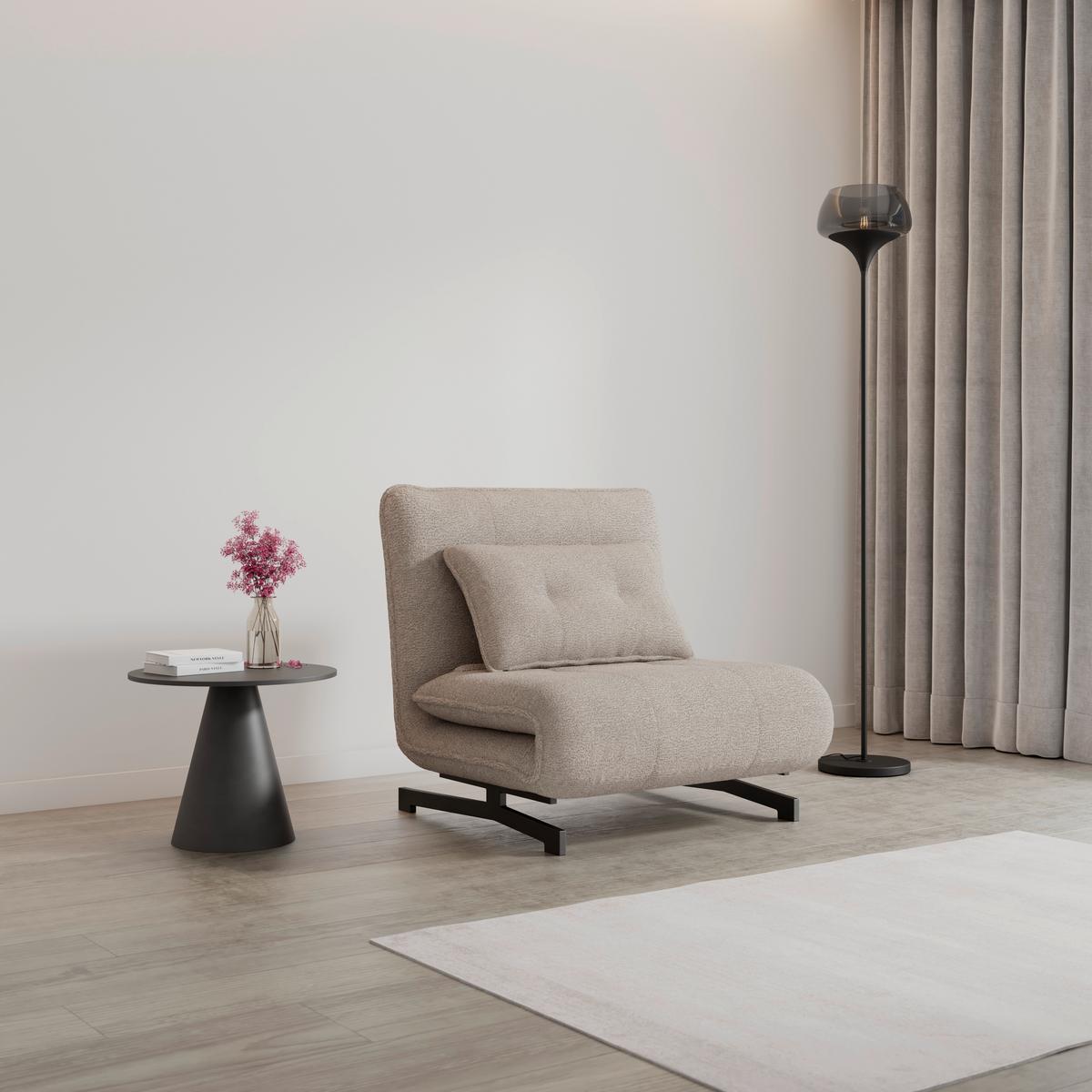 Rozkladacie kreslo LUNA, béžové buklé, max.120 kg - čierna/béžová, Modern, kov/textil (92/40/66cm) - Bessagi Home