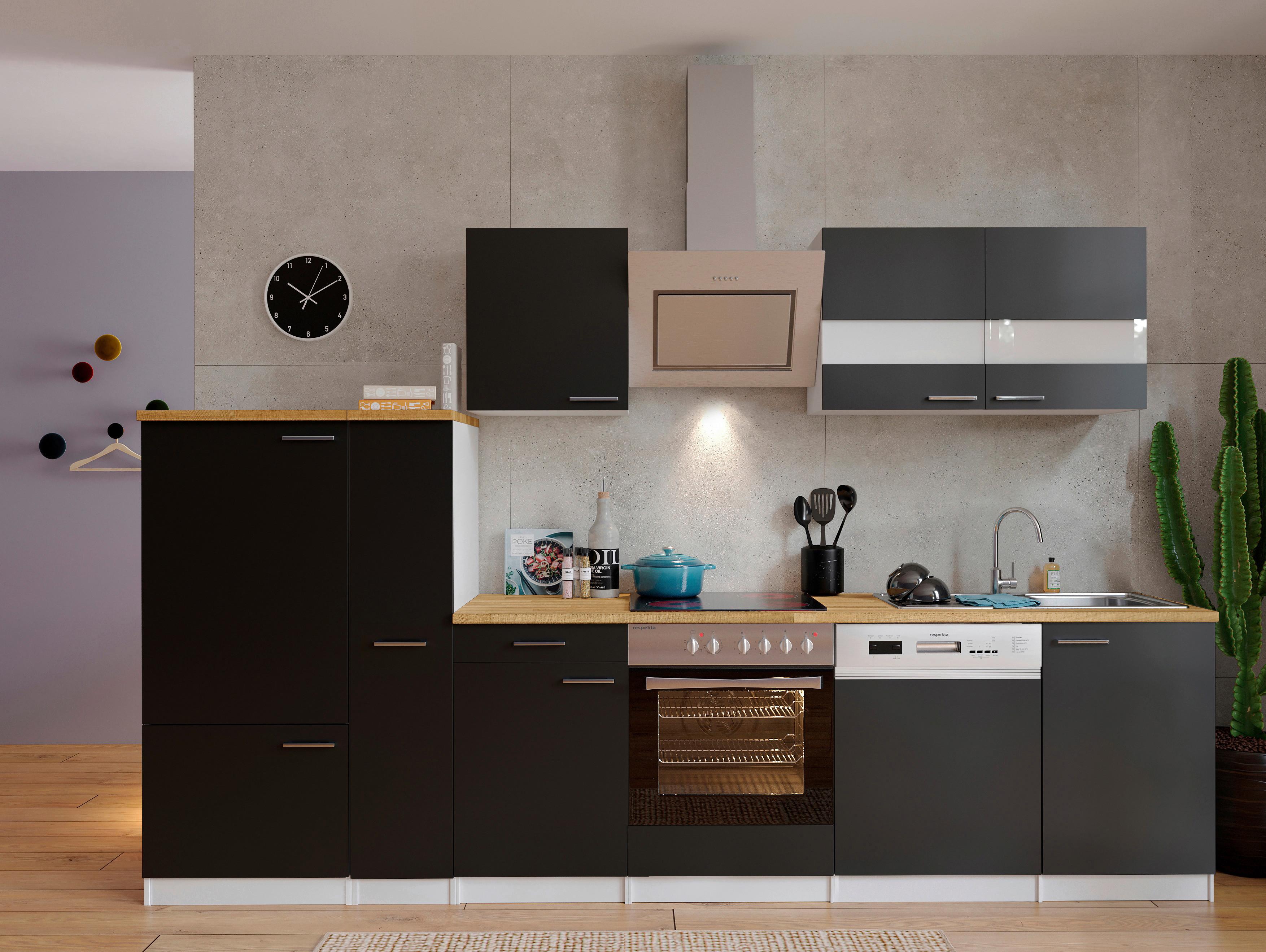 Küchenzeile Economy mit Geräten 310 cm Schwarz/Nussbaum Dekor - Nussbaumfarben/Schwarz, Basics, Holzwerkstoff (310cm) - Respekta