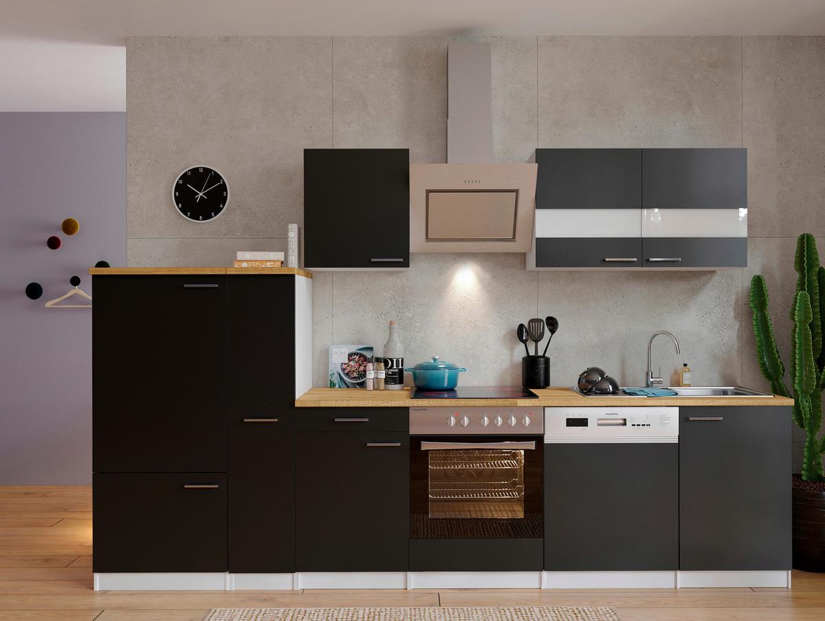 Küchenzeile Economy M. Geräten 310 Cm Schwarz/nussbaum Dekor - Nussbaumfarben/Schwarz, Basics, Holzwerkstoff (310cm) - Respekta