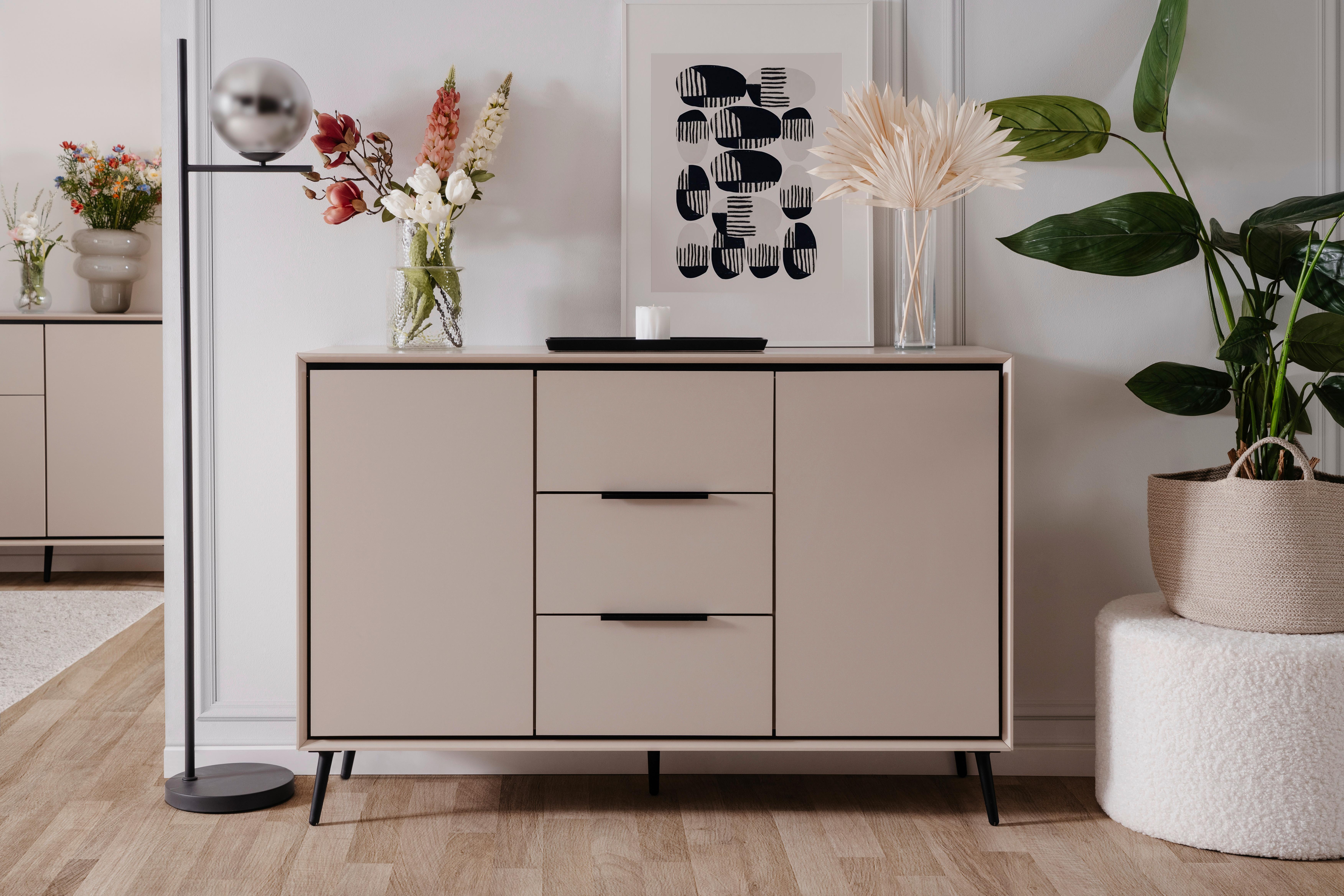 Kommode Arona 01b - Sandfarben/Schwarz, KONVENTIONELL, Holzwerkstoff (135/90/38cm) - Livetastic