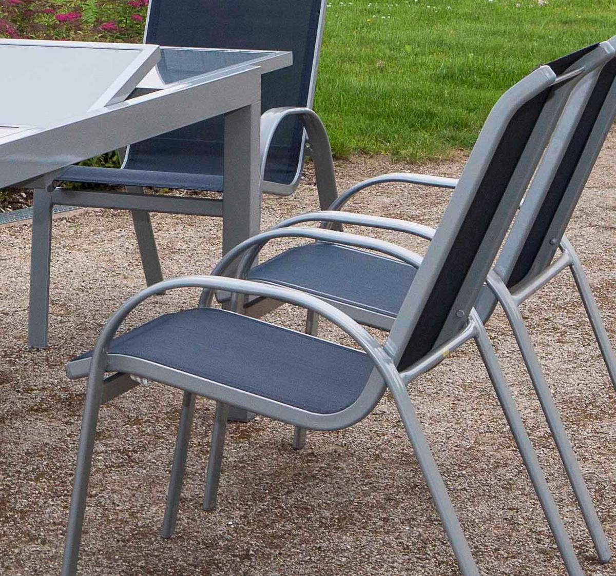 Gartengarnitur 7-Tlg. Amalfi Metall/Textil Erweiterbar - Blau/Silberfarben, ROMANTIK / LANDHAUS, Glas/Textil - Gardenson