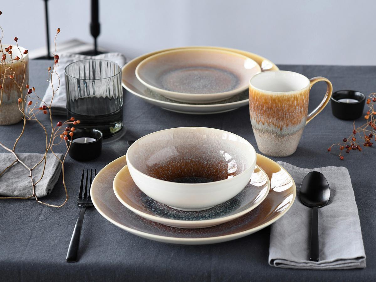 Kombiservice Aus Keramik 2 Personen Geschirr Set - Sandfarben/Weiß, Basics, Keramik - Creatable