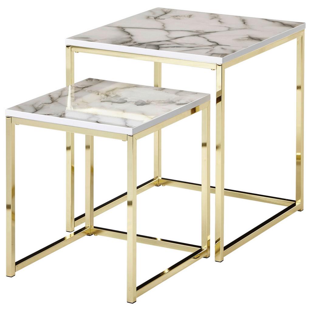 Beistelltisch 2er-Set In Marmoroptik, Weiß/Gold