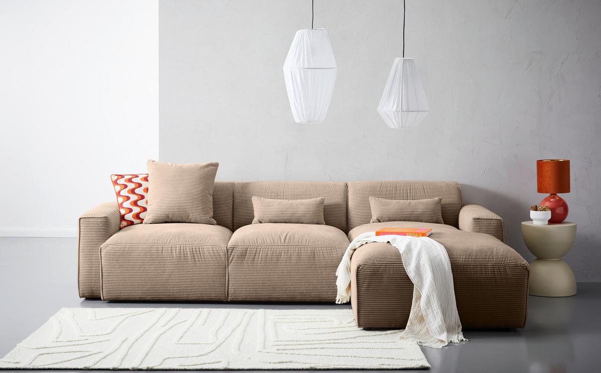 Ecksofa Pearl - Hellbraun/Schwarz, Design, Textil (303/196cm) - Livetastic