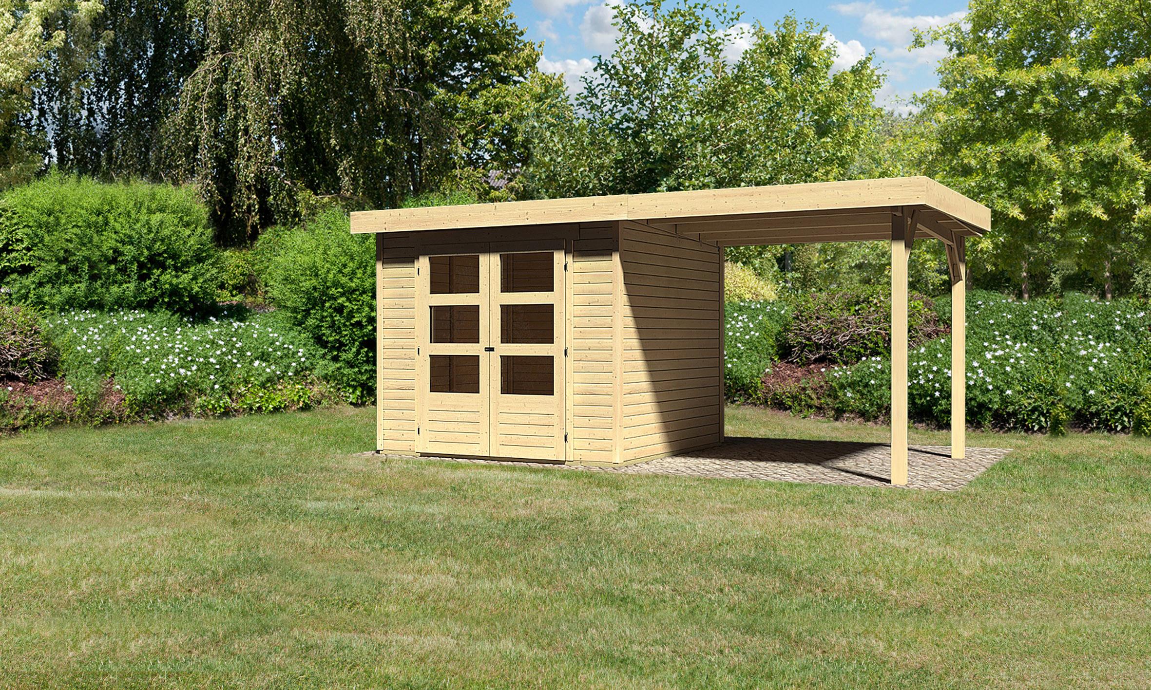 Gartenhaus m. Anbaudach natur 482x211x217cm Bregenz - Naturfarben, Holz (482/211/217cm) - Karibu