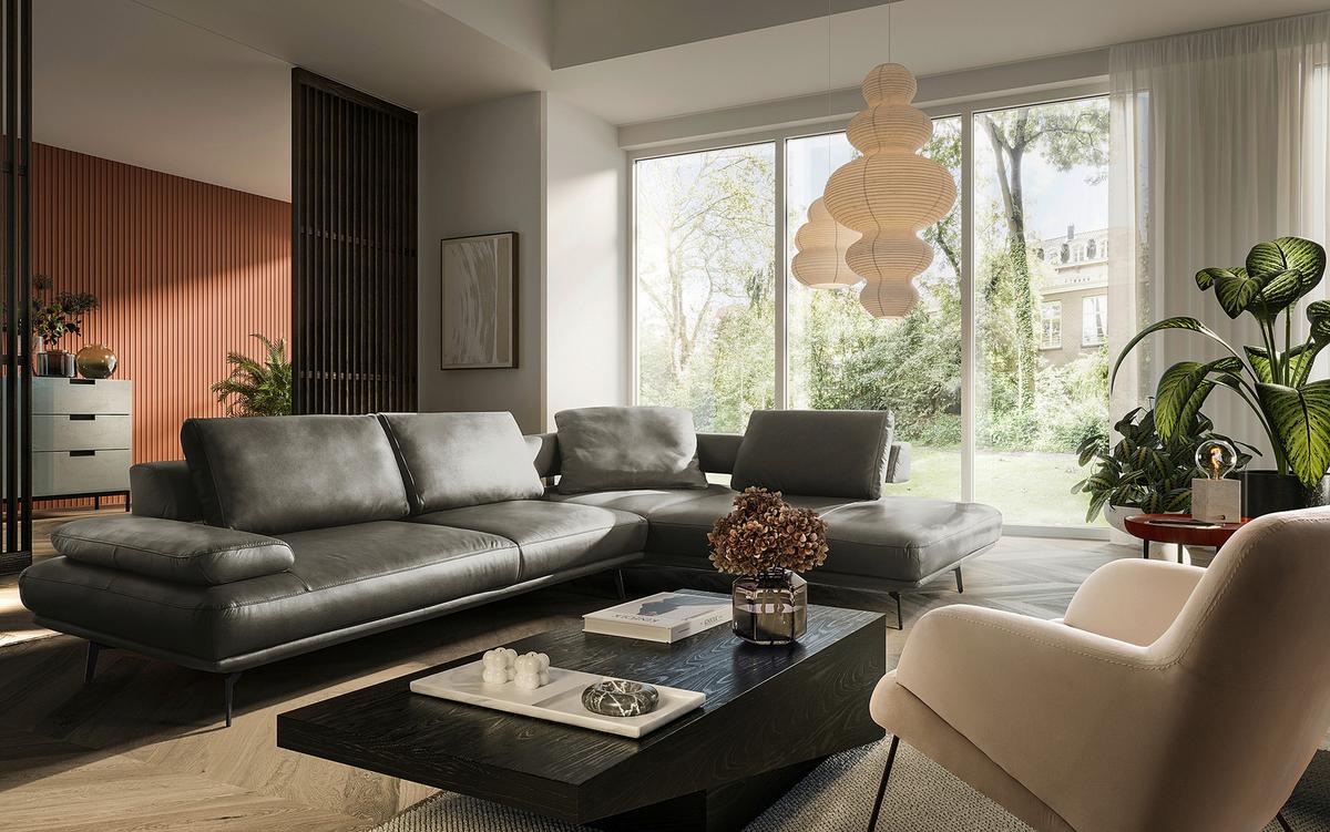 Ecksofa Como Echtleder Grau 306x237 - Schwarz/Grau, Design, Leder (306/237cm) - Livetastic