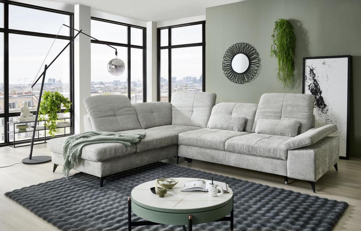 Sedačka SORENA L, ľavá, sv.sivá ženilka, s funkciami - čierna/svetlosivá, Modern, kov/textil (255/311cm) - Premium Living