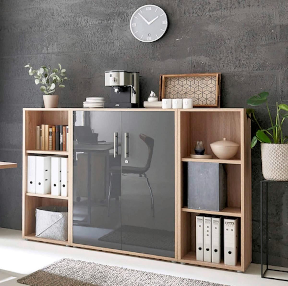 Büro Office Edition Eiche Dekor/anthrazit Hg - Anthrazit Hochglanz/Sonoma Eiche, MODERN, Holzwerkstoff/Metall - MID.YOU