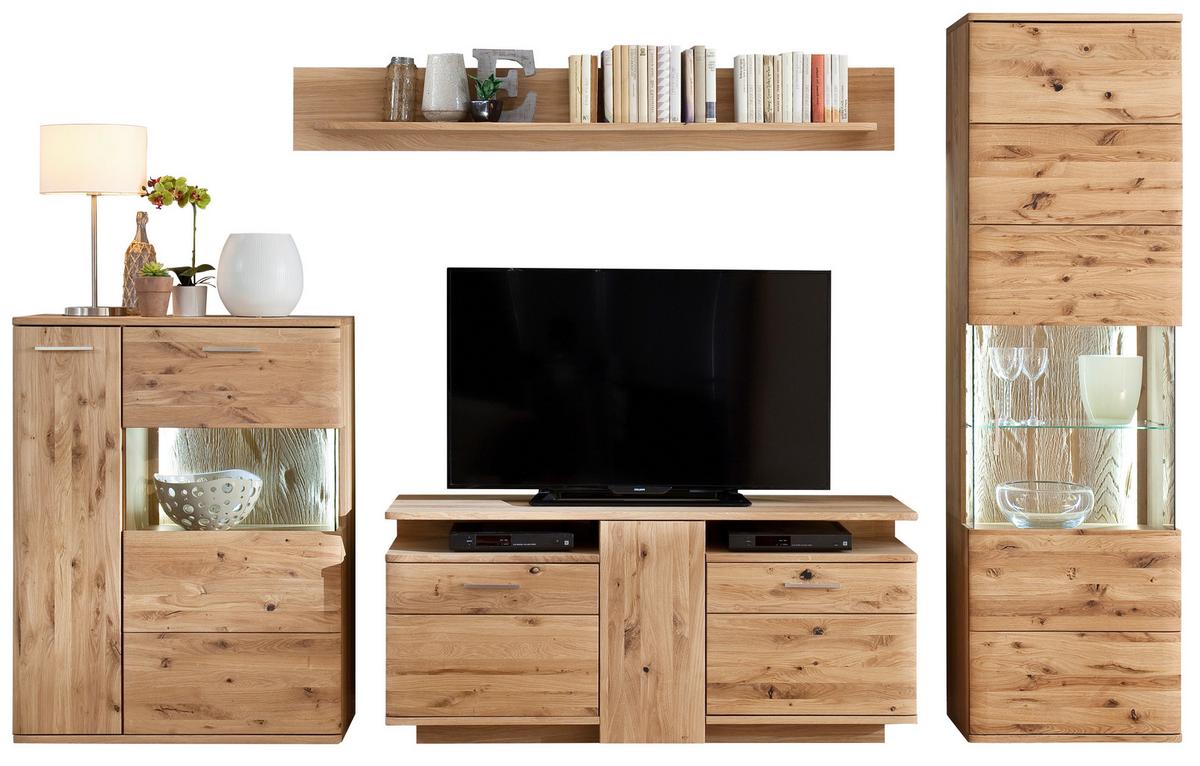 Wohnwand Santori Eiche teilmassiv - Eichefarben/Schwarz, Design, Glas/Holz (320/208/45cm) - Livetastic