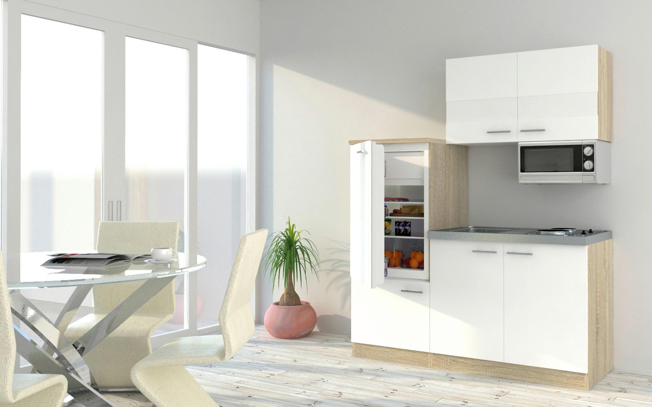 Miniküche M. Kühlschrank + Kochfeld 160 Cm Weiß/eiche - Edelstahlfarben/Eichefarben, Basics, Holzwerkstoff/Metall (160cm) - Respekta