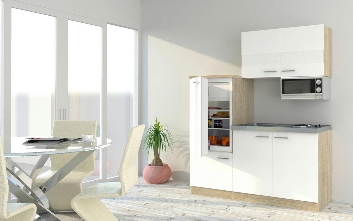 Miniküche M. Kühlschrank + Kochfeld 160 Cm Weiß/eiche - Edelstahlfarben/Eichefarben, Basics, Holzwerkstoff/Metall (160cm) - Respekta