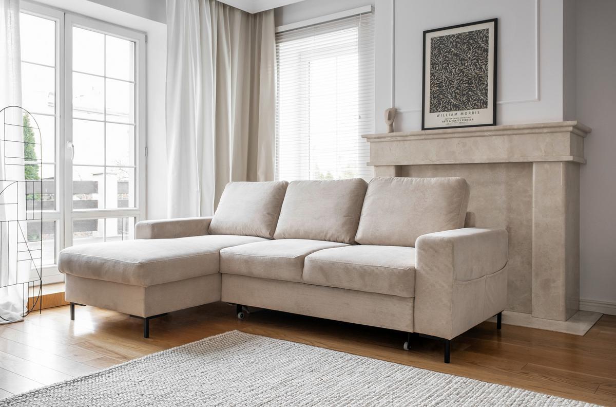 Rohová sedačka LEONIE, levá, béžový manšestr - černá/béžová, Design, kov/dřevo (148/236cm)