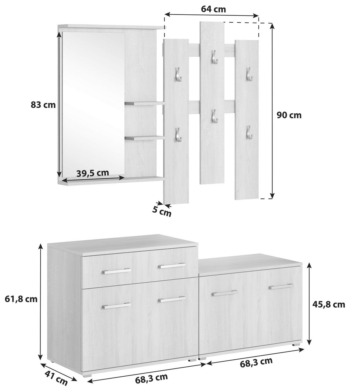 Garderoben-set Lara Eiche Dekor 4--Teilig. Mit Spiegel - Sonoma Eiche, Basics, Holzwerkstoff (137/179/41cm) - MID.YOU