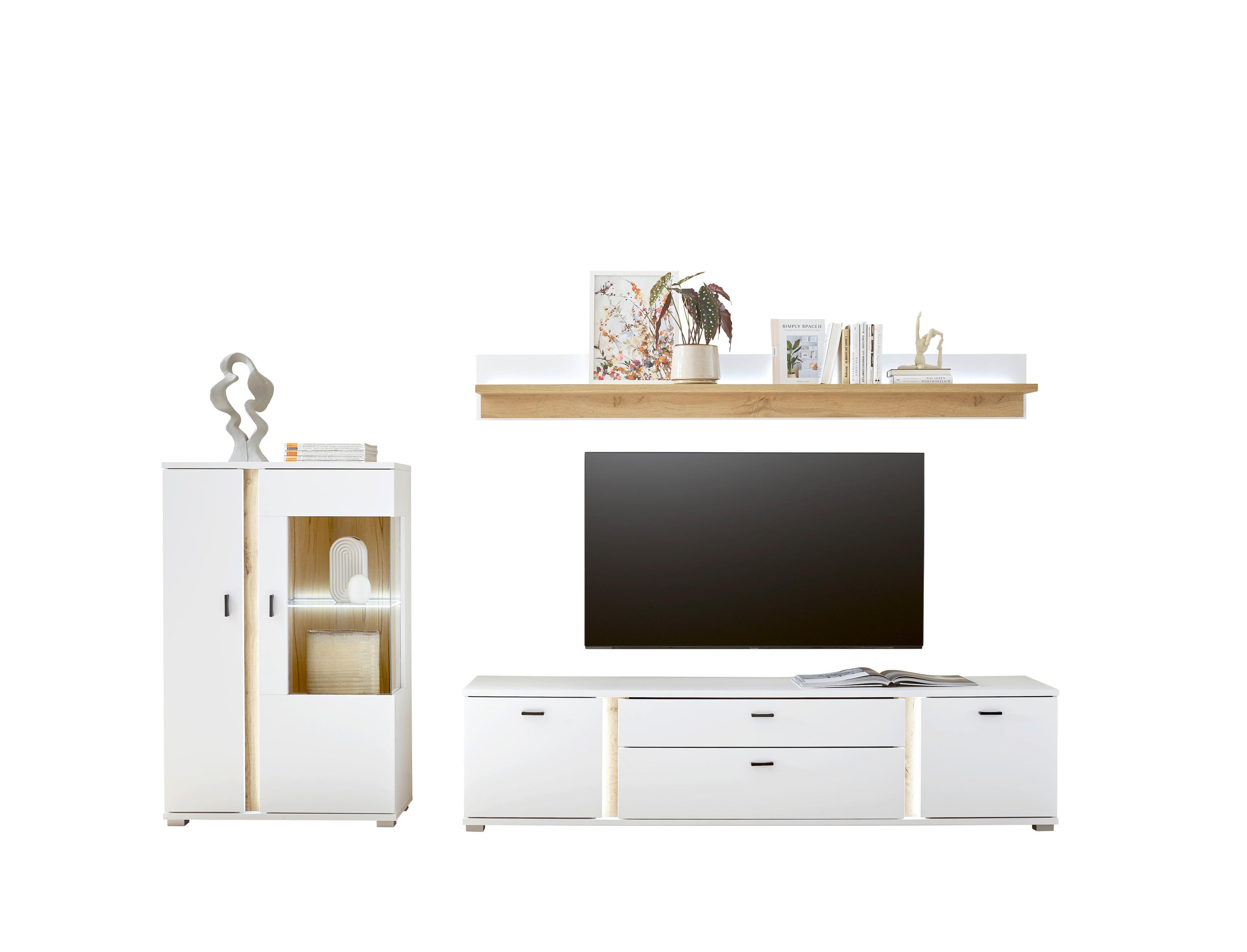Wohnwand Long Island Weiß/Eiche Wotan B: 290cm - Eiche Wotan/Weiß, Design, Glas/Holzwerkstoff (290/170/42cm) - MID.YOU