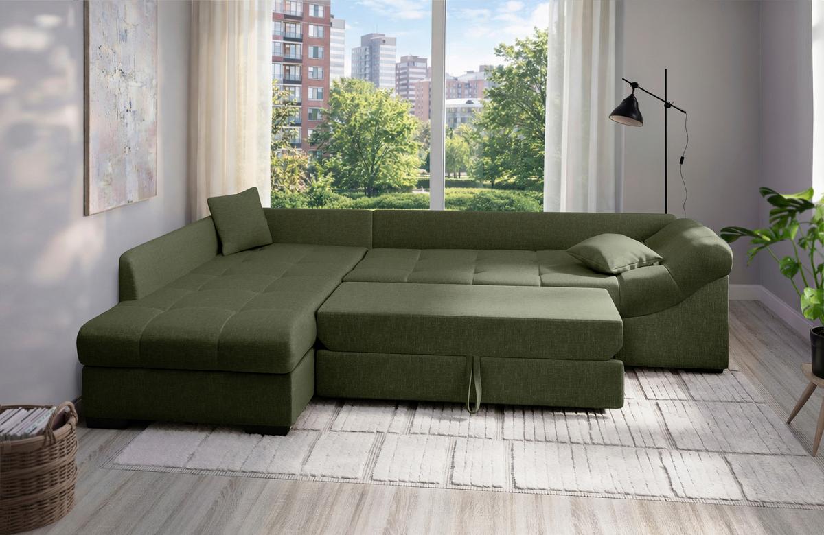 Eckschlafsofa Alvito Grün S: 202x298 cm - Schwarz/Grün, MODERN, Textil (202/298cm) - MID.YOU