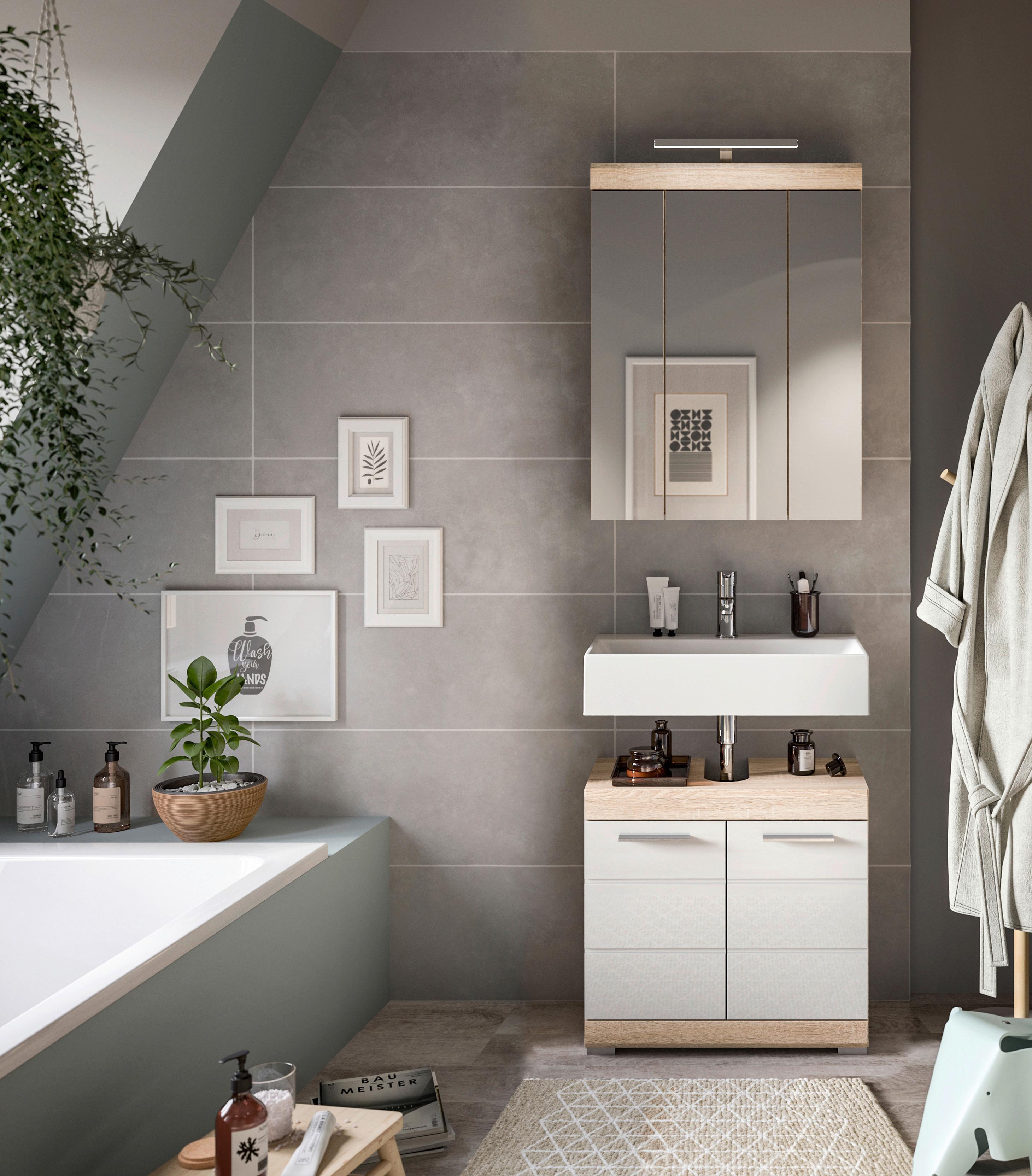 Badezimmer Lambada Eiche Dekor/weiß B: 60 Cm - Weiß Hochglanz/Silberfarben, MODERN, Glas/Holzwerkstoff (60cm) - MID.YOU
