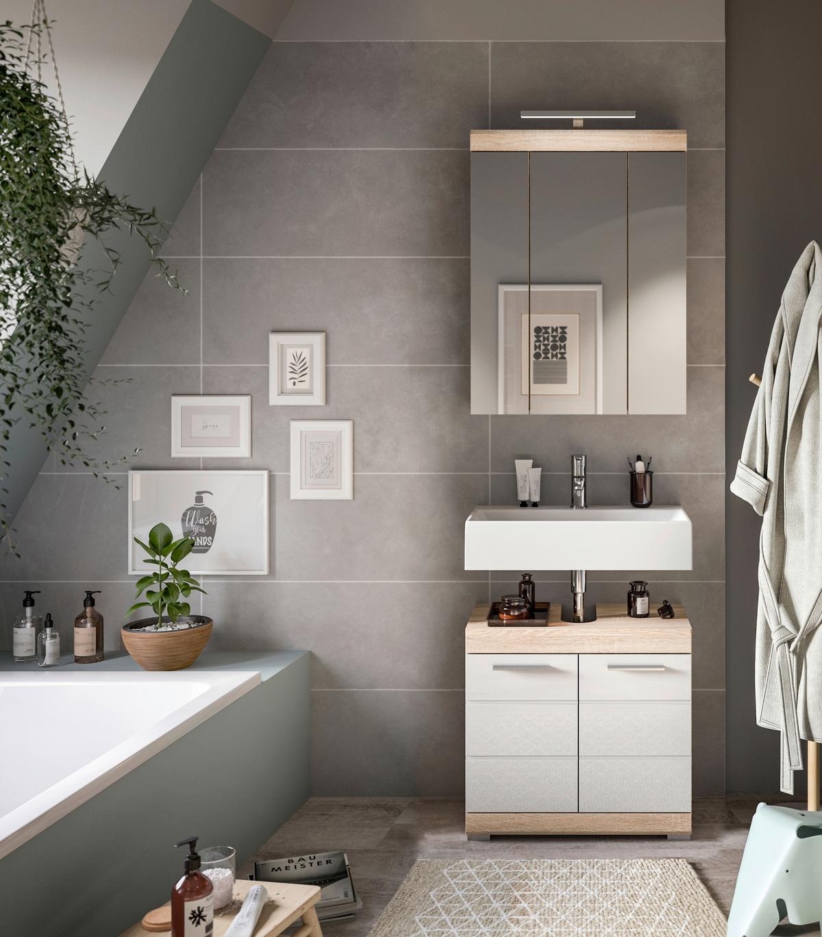 Badezimmer Lambada Eiche Dekor/weiß B: 60 Cm - Weiß Hochglanz/Silberfarben, MODERN, Glas/Holzwerkstoff (60cm) - MID.YOU