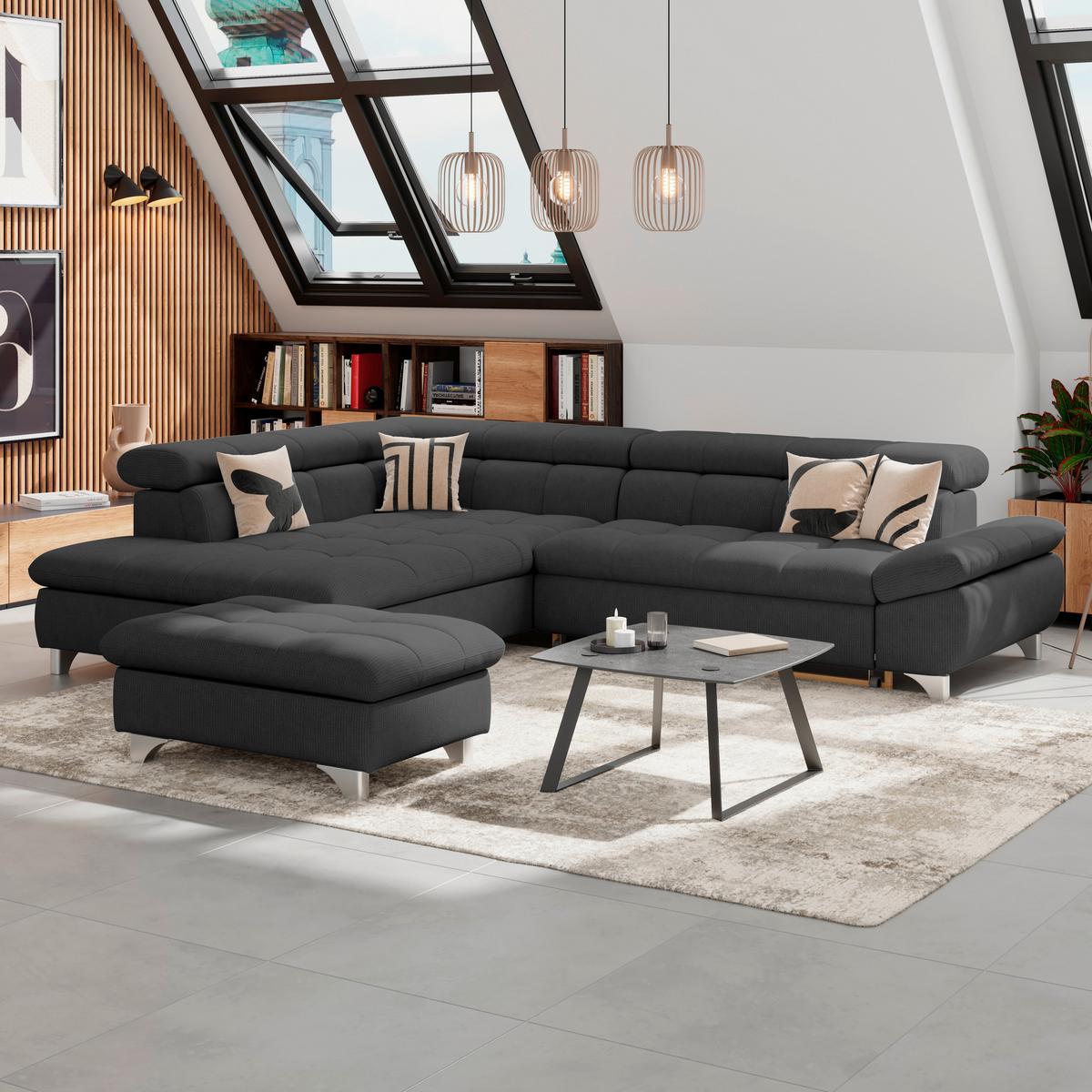 Ecksofa Gemini Schwarz, B: 234cm - Chromfarben/Schwarz, KONVENTIONELL, Textil (234/312cm)