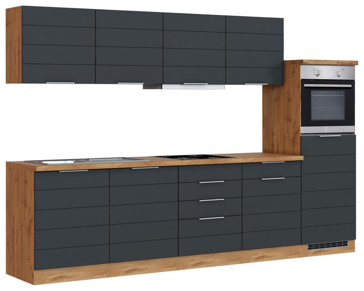 Küchenzeile Florenz mit Geräten 300 cm Grau/Eichefarben - Eiche Wotan/Grau, Design, Holzwerkstoff (300cm) - Held