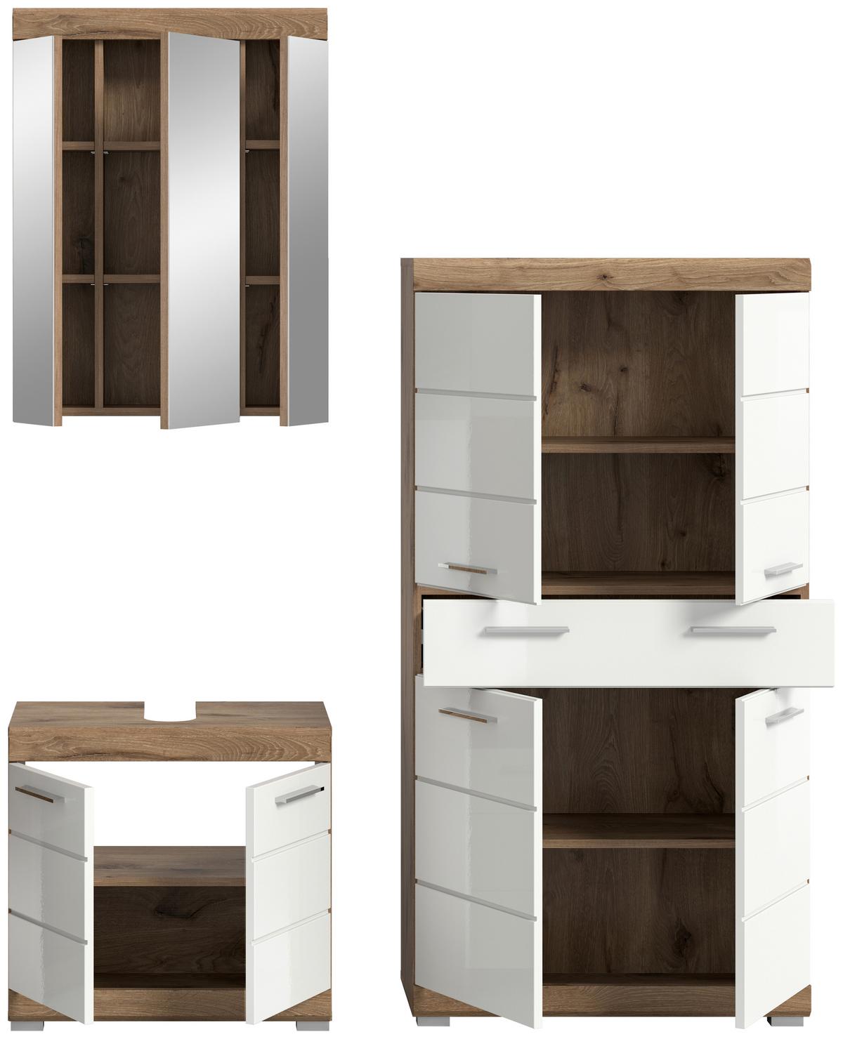 Badezimmer Eichefarben Dekor Weiß Hg - Weiß Hochglanz/Eichefarben, MODERN, Glas/Holzwerkstoff (134cm) - MID.YOU