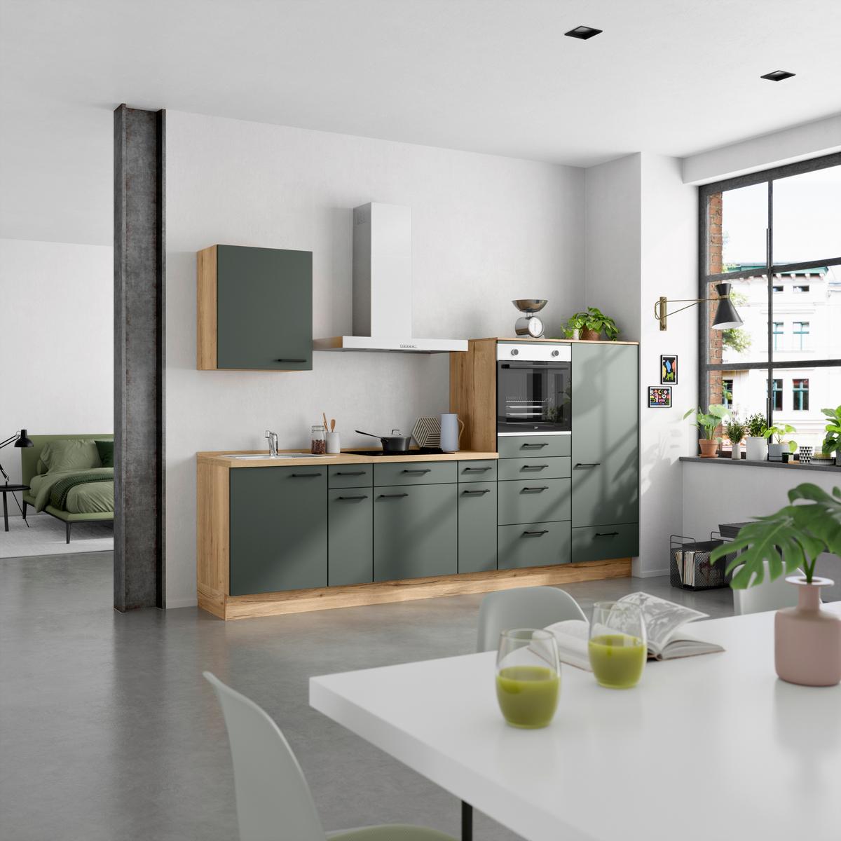 Küchenleerblock Easytouch Low-Line, L4 Rechts - Dunkelgrün/Eichefarben, MODERN, Holzwerkstoff (300cm) - Nobilia